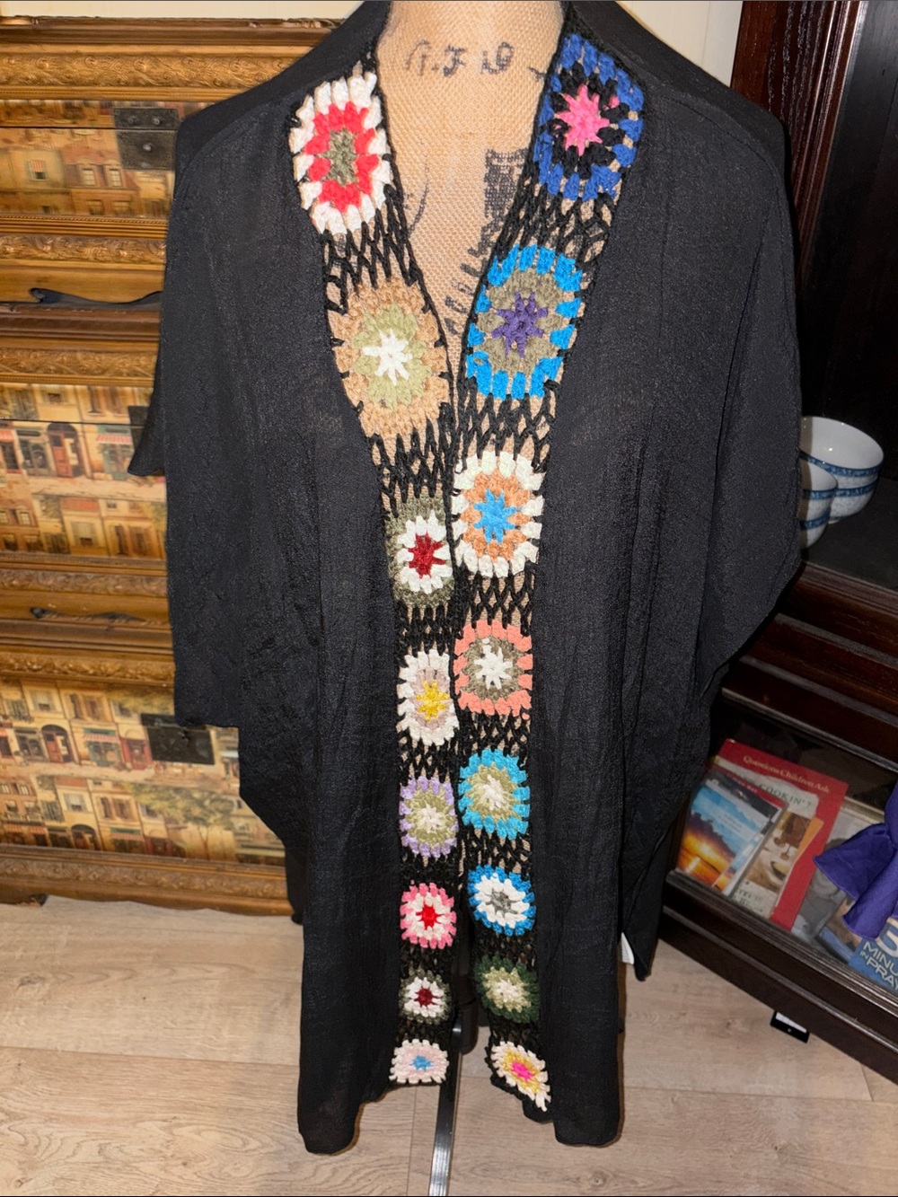 SHEIN Black Open-Front Cardigan with Multicolor Crochet Trim